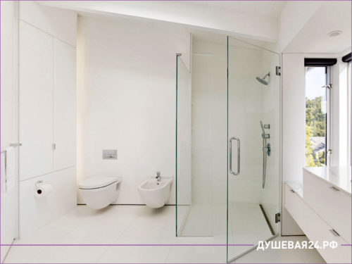 Белая ванная комната с перегородкой из стекла между душем и унитазом